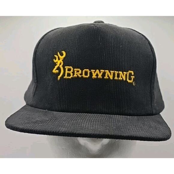Vintage 80s Browning Cap Black Corduroy Snapback Trucker Hat‎ Hunting - Picture 1 of 8